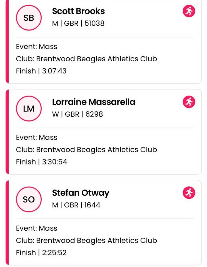 Brentwood Beagles athletes at the TCS London Marathon, London, 26 April 2026
