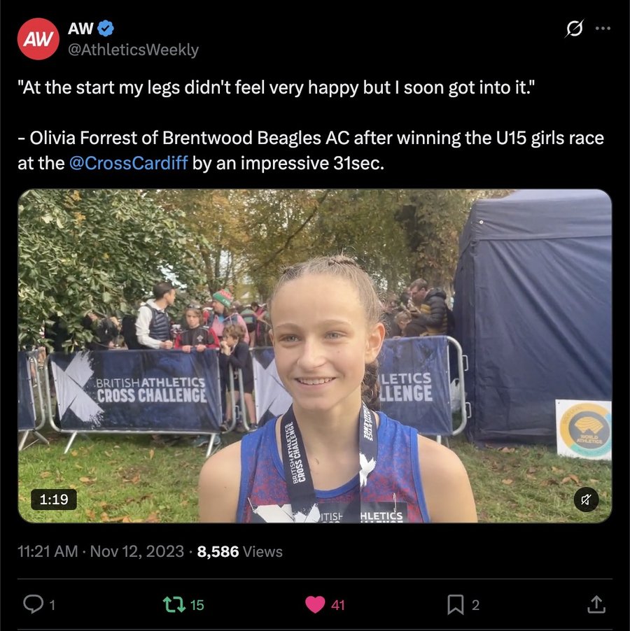 Athletics Weekly post on X, 12 November 2023: Olivia Forrest: Cardiff winner interview