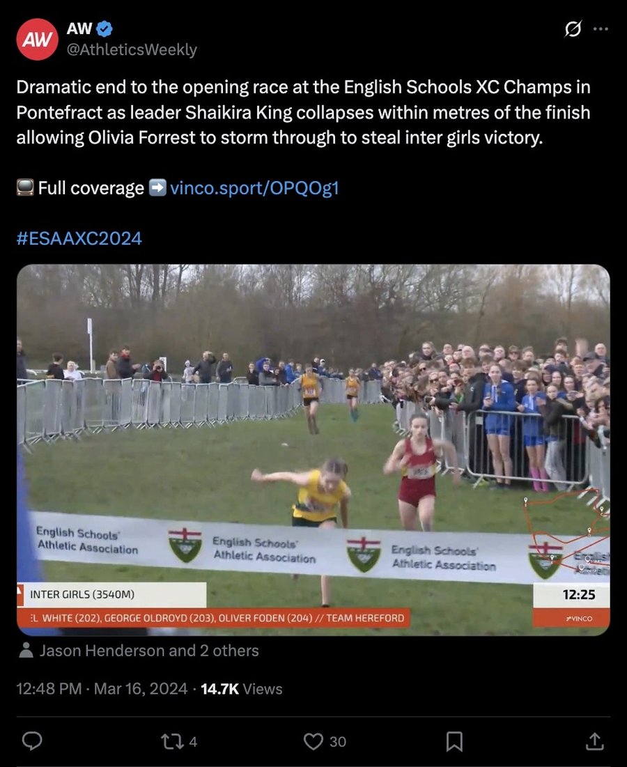 Athletics Weekly post on X, 16 March 2024: English Schools cross-country victory