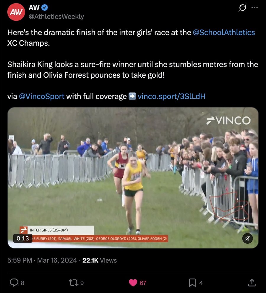 Athletics Weekly post on X, 16 March 2024: Olivia Forrest: English Schools finish