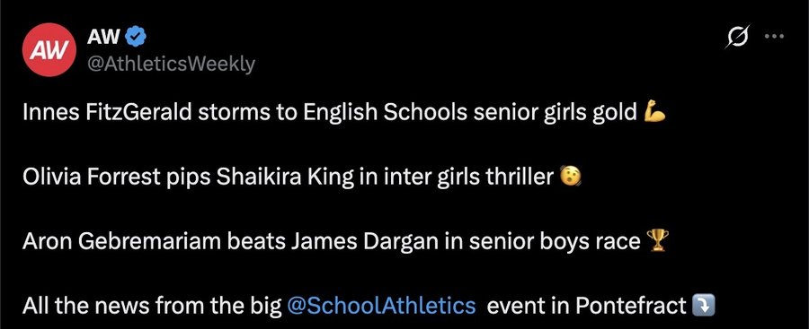 Athletics Weekly post on X, 17 March 2024: English Schools results