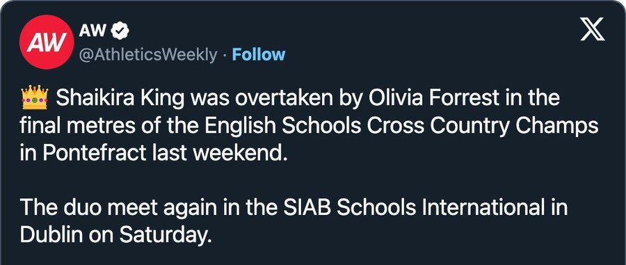 Athletics Weekly post on X, 22 March 2024: English Schools / SIAB preview