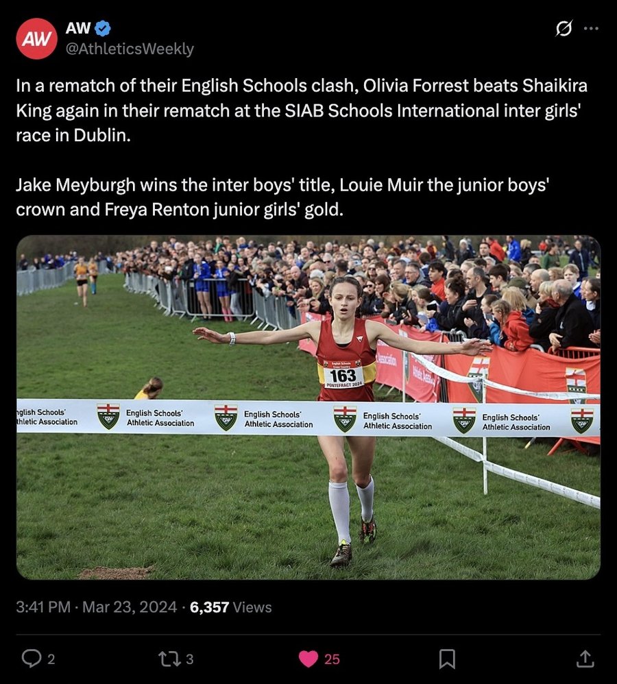 Athletics Weekly post on X, 23 March 2024: SIAB Schools International victory