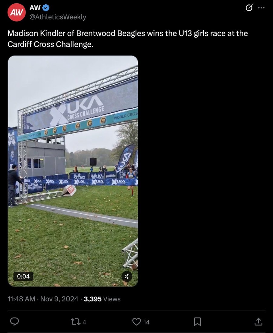 Athletics Weekly post on X, 9 November 2024: Madison Kindler: Cardiff U13 victory