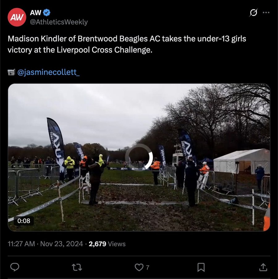 Athletics Weekly post on X, 23 November 2024: Madison Kindler: Liverpool U13 victory