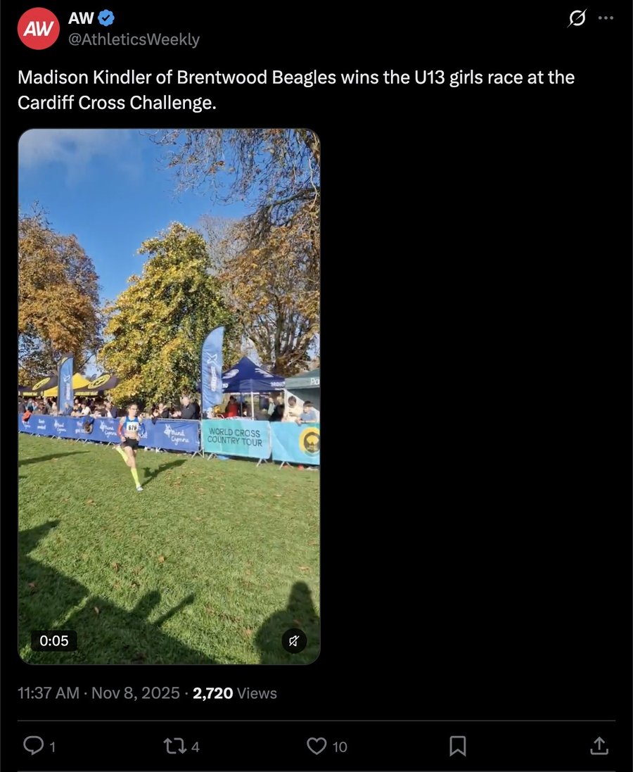 Athletics Weekly post on X, 8 November 2025: Madison Kindler: Cardiff U13 victory