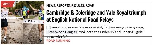 Athletics Weekly listing reporting that Brentwood Beagles won the under-15 and under-13 girls’ titles at the 2025 English National Road Relays