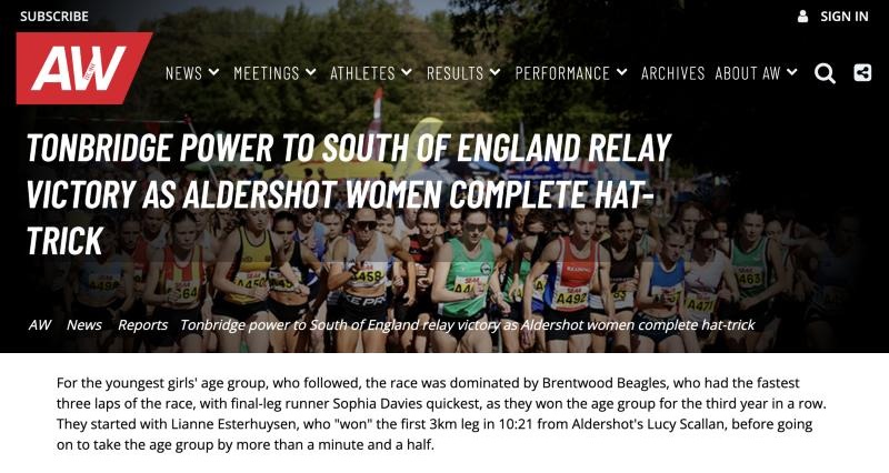 Athletics Weekly report on Brentwood Beagles winning their age group at the South of England Road Relays for the third year in a row, September 2026